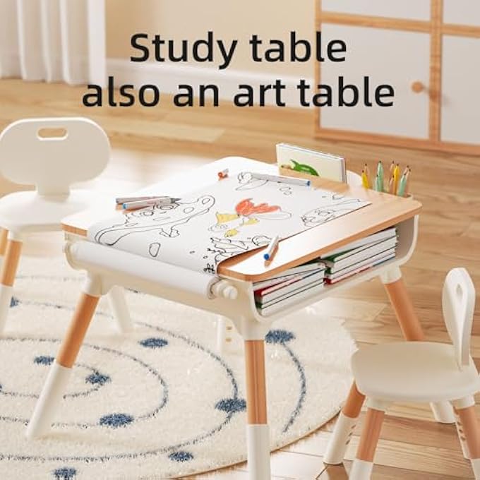 rayihni KIDS STUDY TABLE, AND 2 CHAIRS SET, 79 * 62 * 55CM, HEIGHT ADJUSTABLE TABLE AND CHAIRS, PLAY AND ACTIVITY DESK WITH PAPER ROLL, STORAGE BASKET AND DRAWERS, SUITABLE FOR DAYCARE, CLASSROOMS, HOME - Image 2